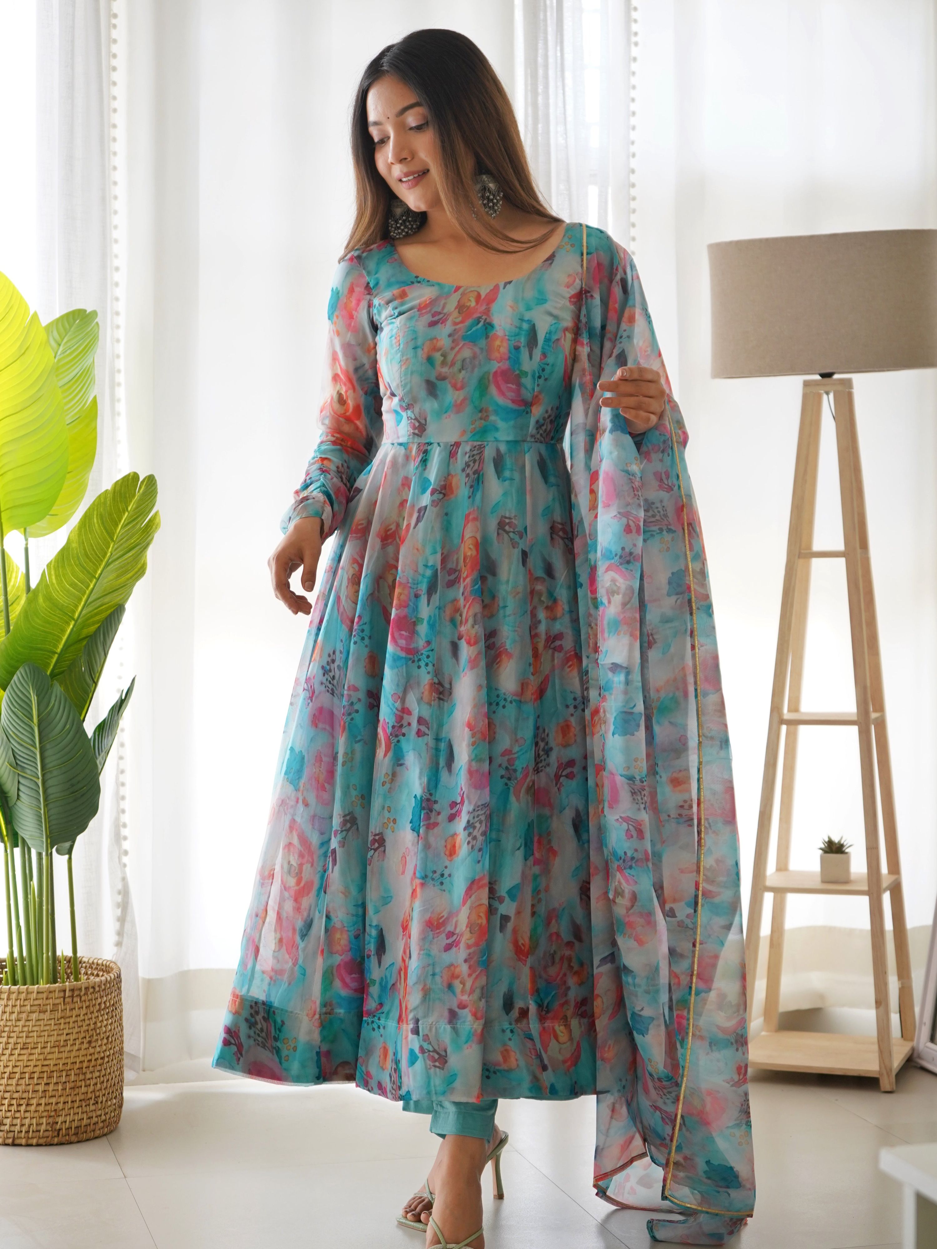 Teeya Creation Multicolor Digital Print Soft organza Anarkali With Pants And Dupatta