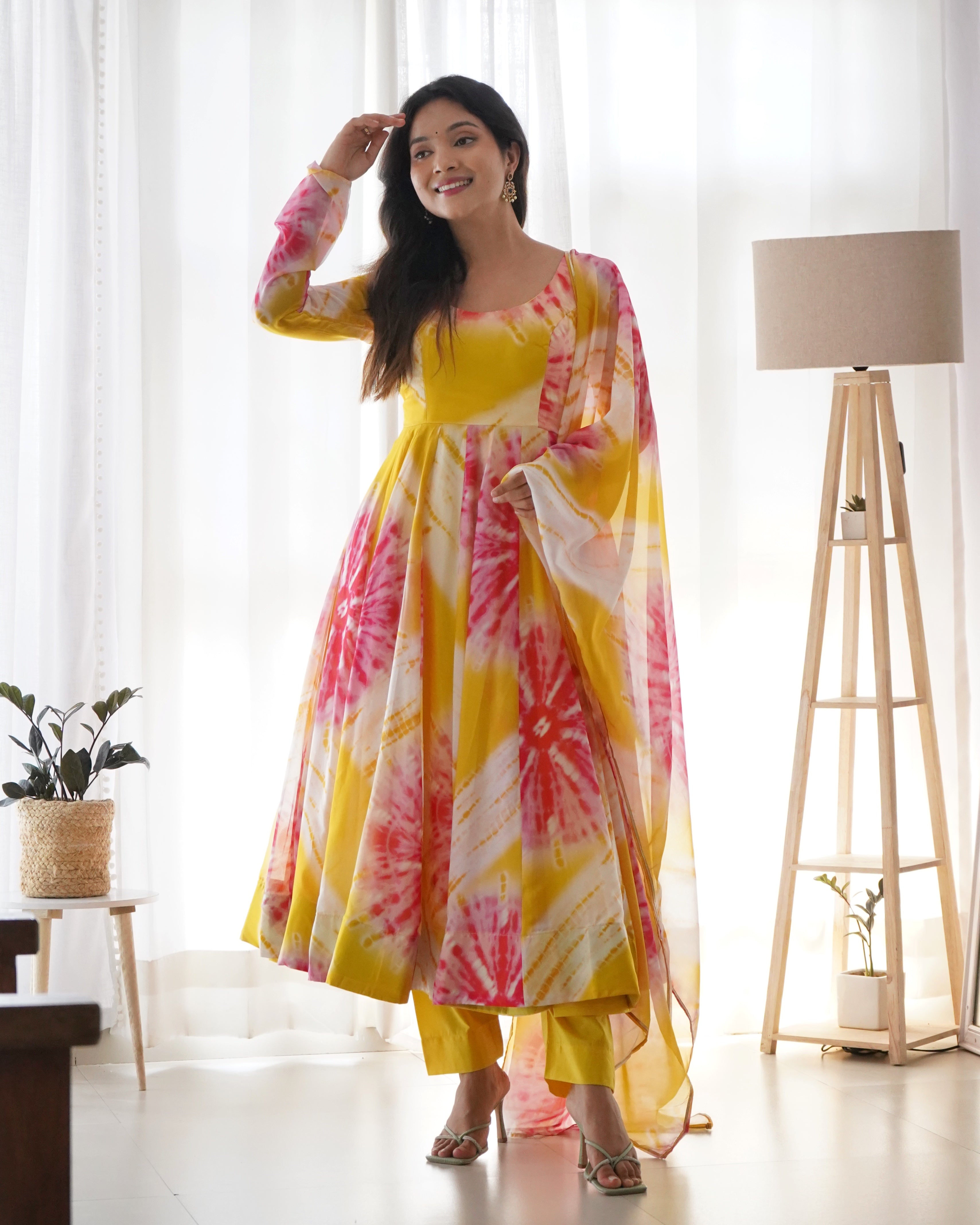 Teeya Creation Multicolor Digital Print Soft organza Anarkali With Pants And Dupatta