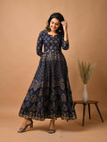 Kaajh Women's Blue Gold Print Anarkali kurta