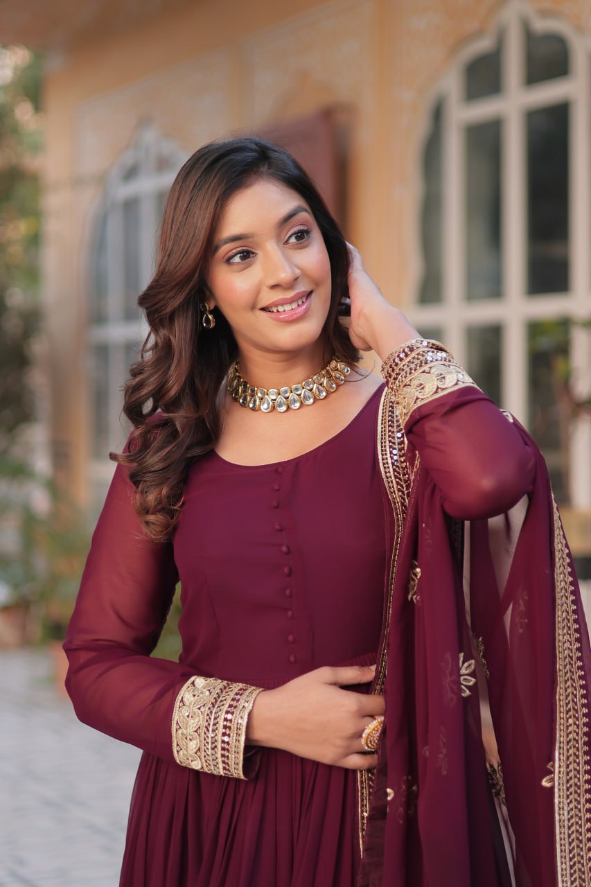 Teeya Creation Maroon Color Faux Georgette Heavy Embroidery Work Fully Stitched Gown