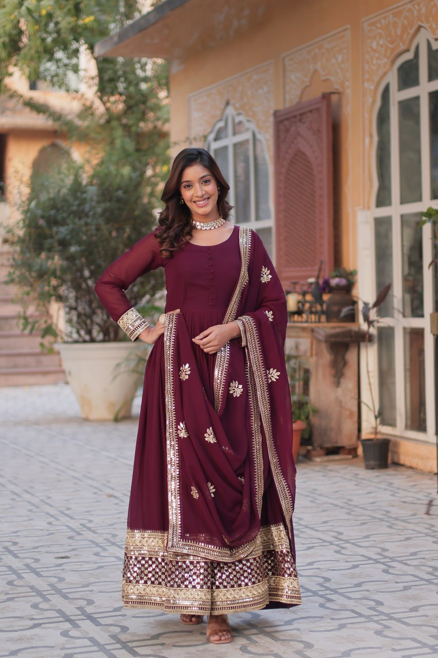 Teeya Creation Maroon Color Faux Georgette Heavy Embroidery Work Fully Stitched Gown