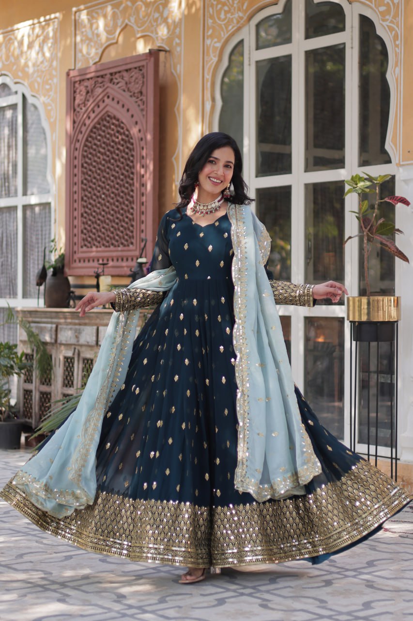 Teeya Creation Morpich Color Faux Georgette Heavy Work Fully Stitched Anarkali Gown