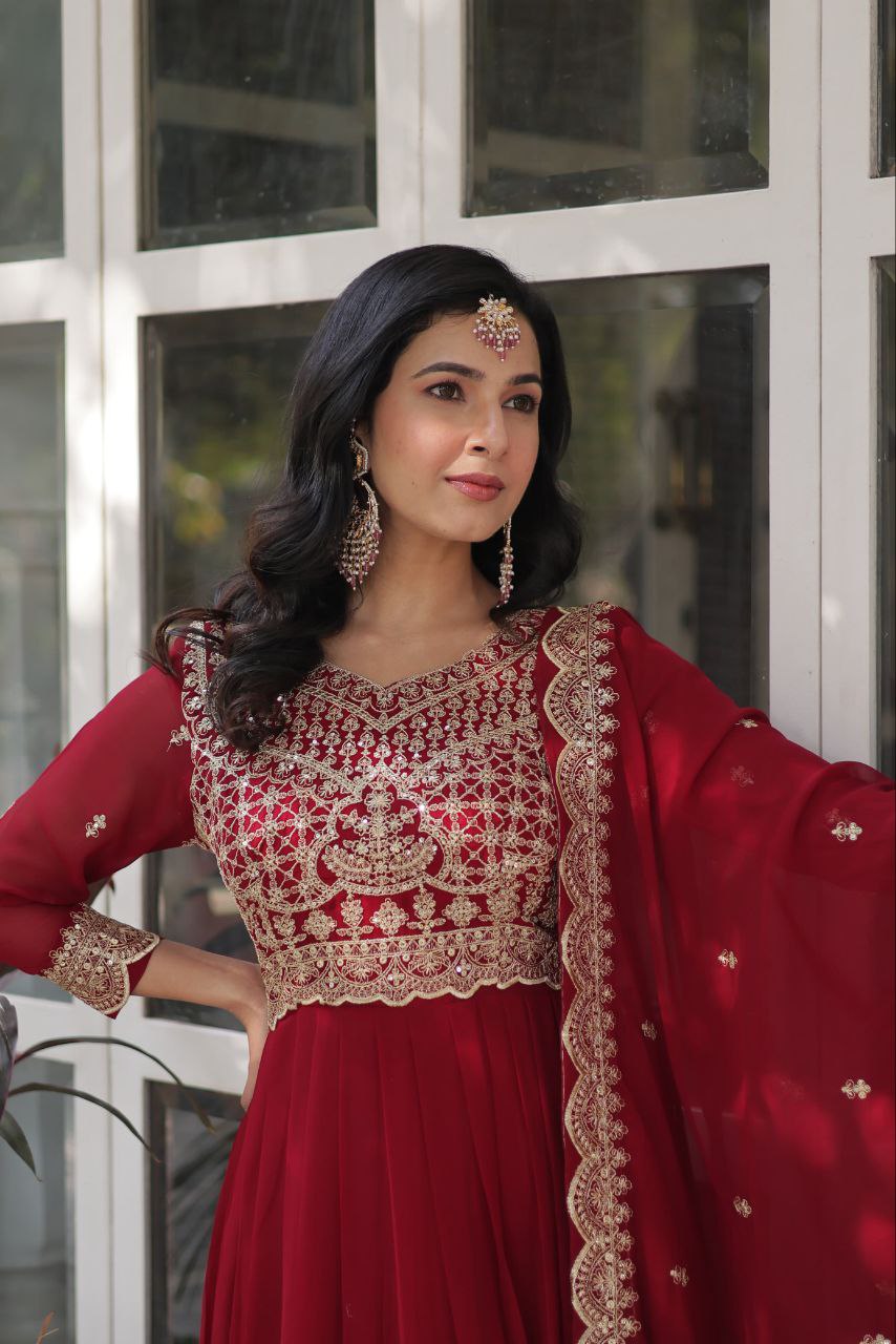 Teeya Creation Maroon Color Faux Georgette Heavy Embroidery Work Fully Stitched Gown