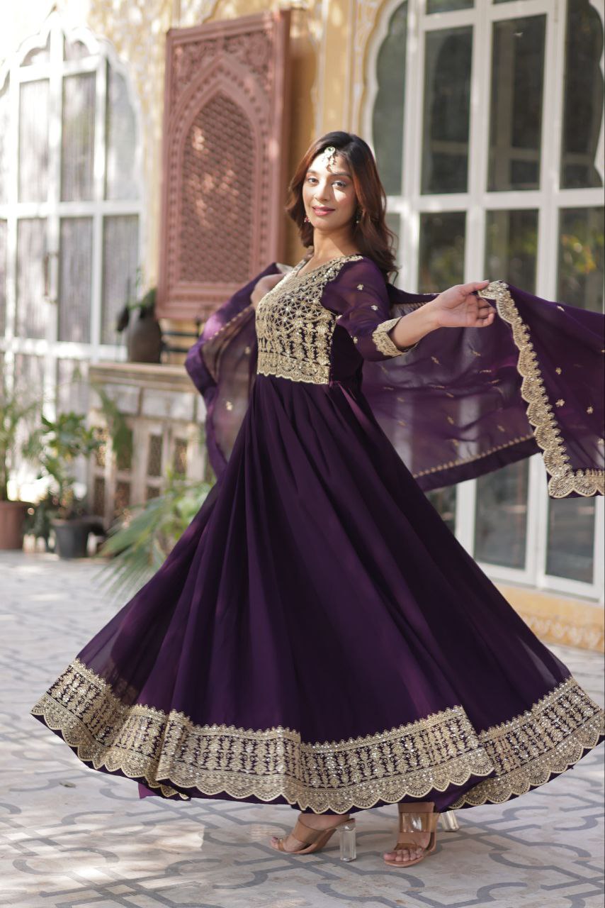 Teeya Creation Purple Color Faux Georgette Heavy Embroidery Work Fully Stitched Gown