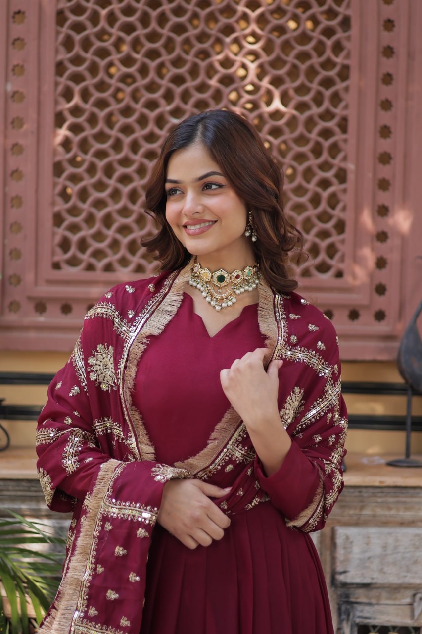 Teeya Creation Maroon Color Stra Georgette Heavy Embroidery Work Fully Stitched Gown