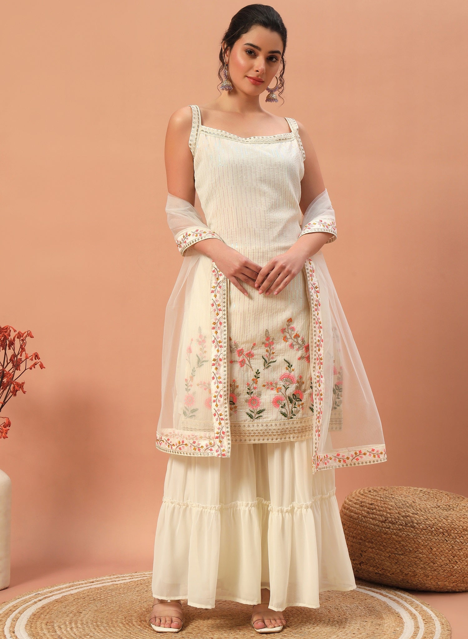Teeya Creation Cream Color Faux georgette Heavy Embroidery Work Fully Stitched Sharara Set