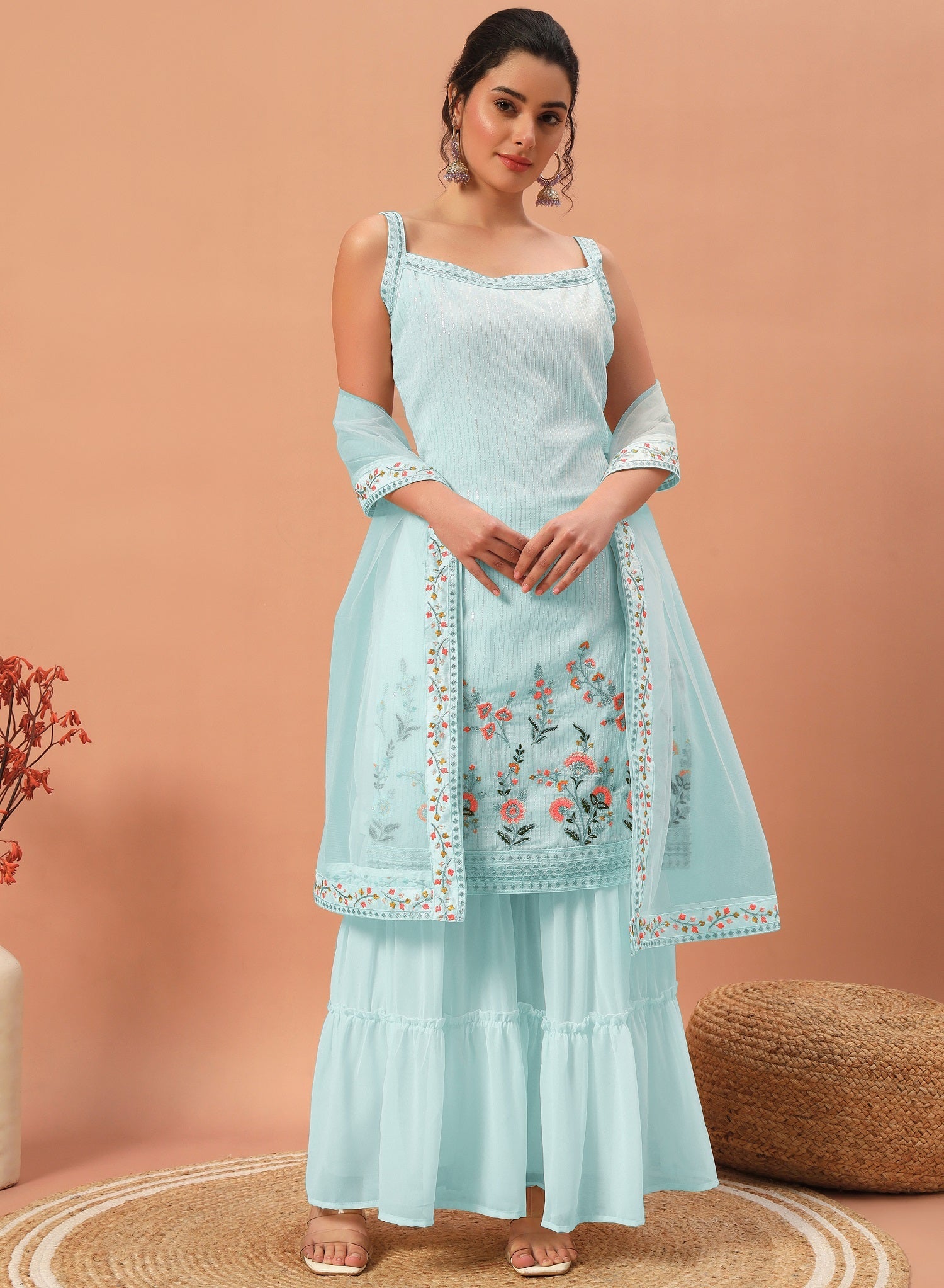 Teeya Creation Sky Color Faux georgette Heavy Embroidery Work Fully Stitched Sharara Set