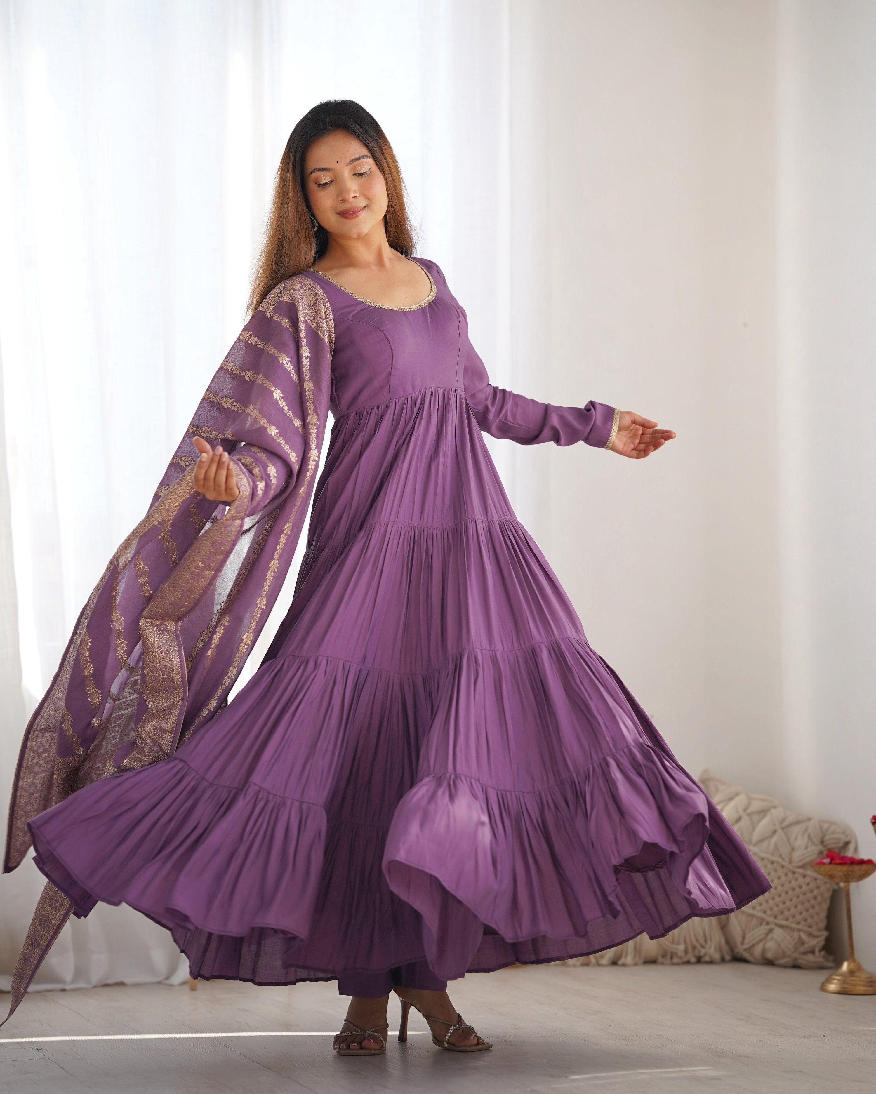 Teeya Creation Violet Color Pure Roman Silk Chanderi Fully Flared Anarkali Gown