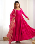 Teeya Creation Pink Color Pure Roman Silk Chanderi Fully Flared Anarkali Gown