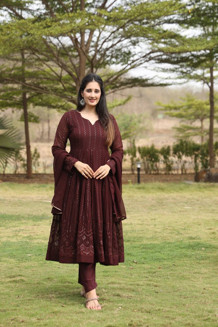 Teeya Creation Coffee Color Georgette Fabric Heavy Embroidery Work Fully Stitched Gown