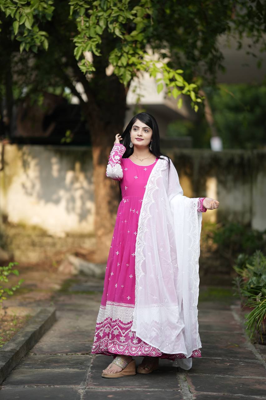 Teeya Creation Pink Color Georgette Fabric Heavy Embroidery Work Fully Stitched Gown