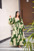 Teeya Creation Mahendi Green Color Muslin Silk Digital Printed Anarkali gown