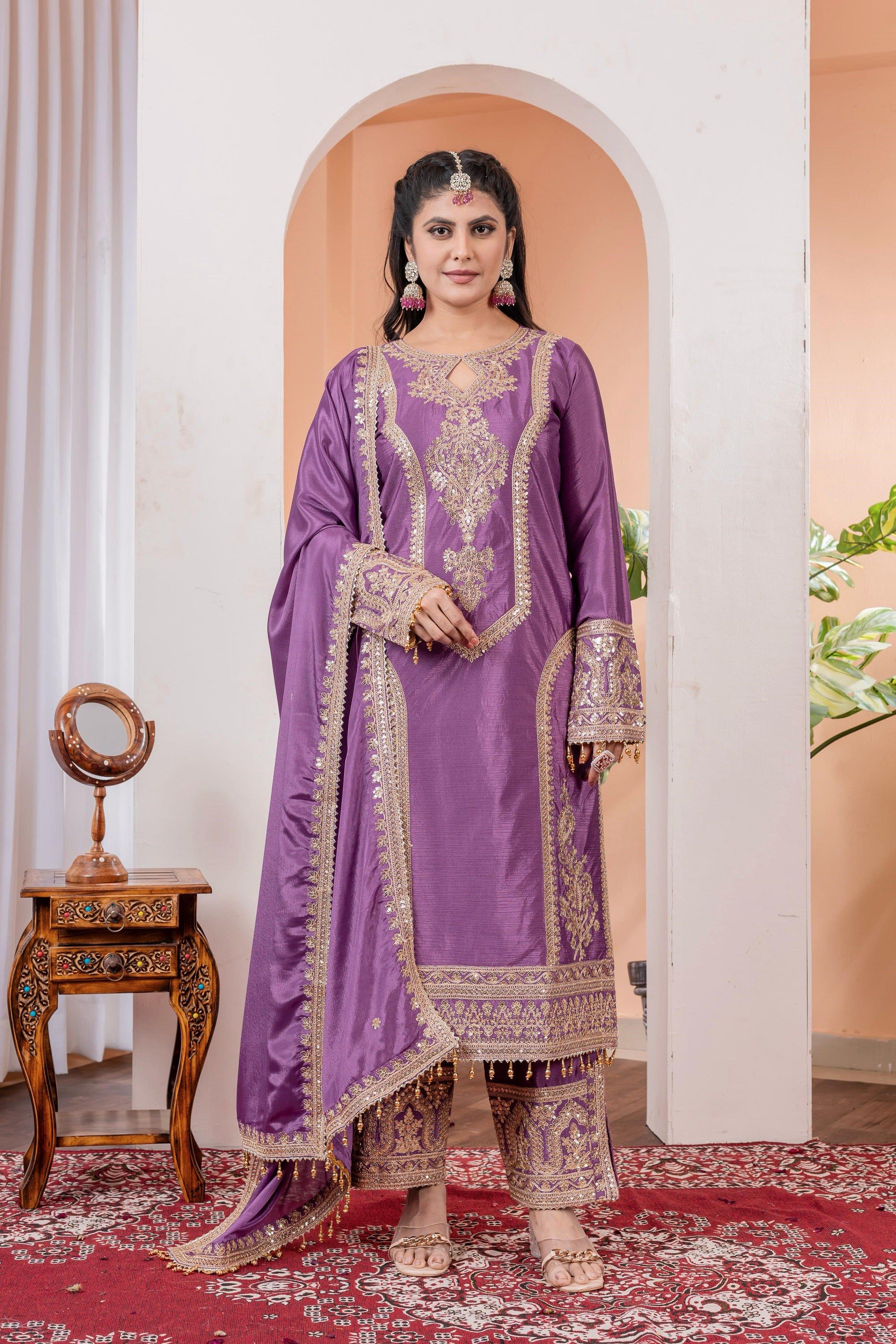 Teeya Creation Lavender Color Chinon Silk Heavy Embroidery Work Fully Stitched Salwar Suit