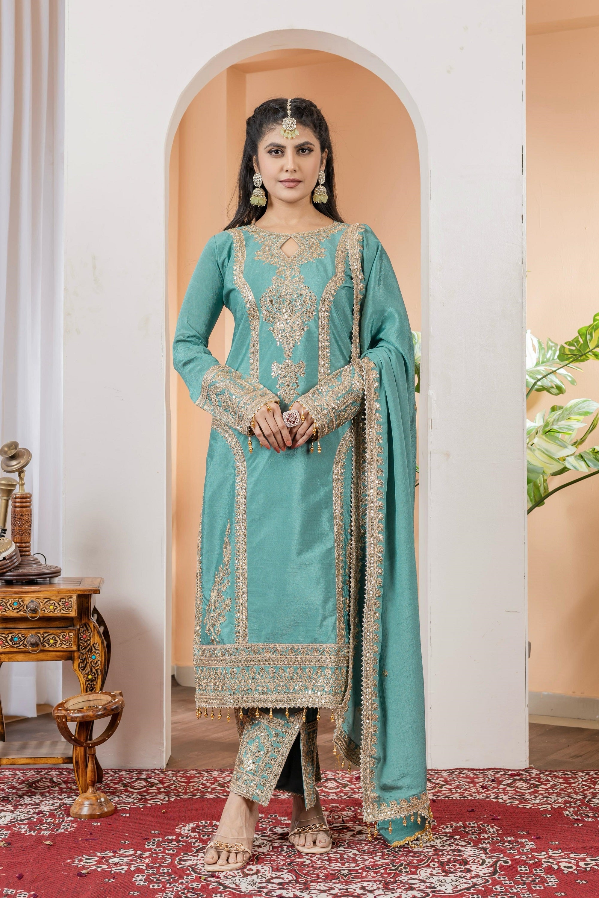 Teeya Creation Turquoise Color Chinon Silk Heavy Embroidery Work Fully Stitched Salwar Suit