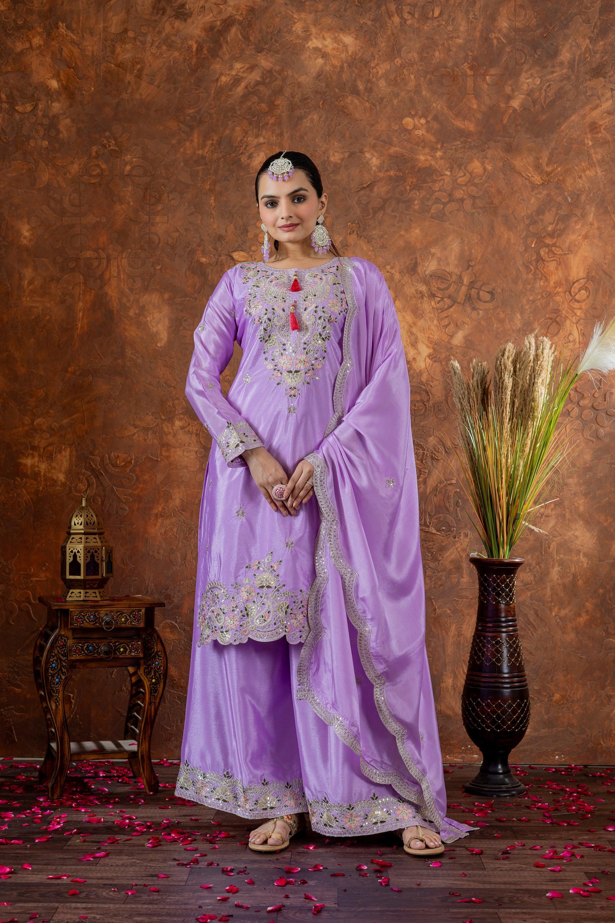 Teeya Creation Lavender Color Chinon Silk Heavy Embroidery Work Fully Stitched Salwar Suit