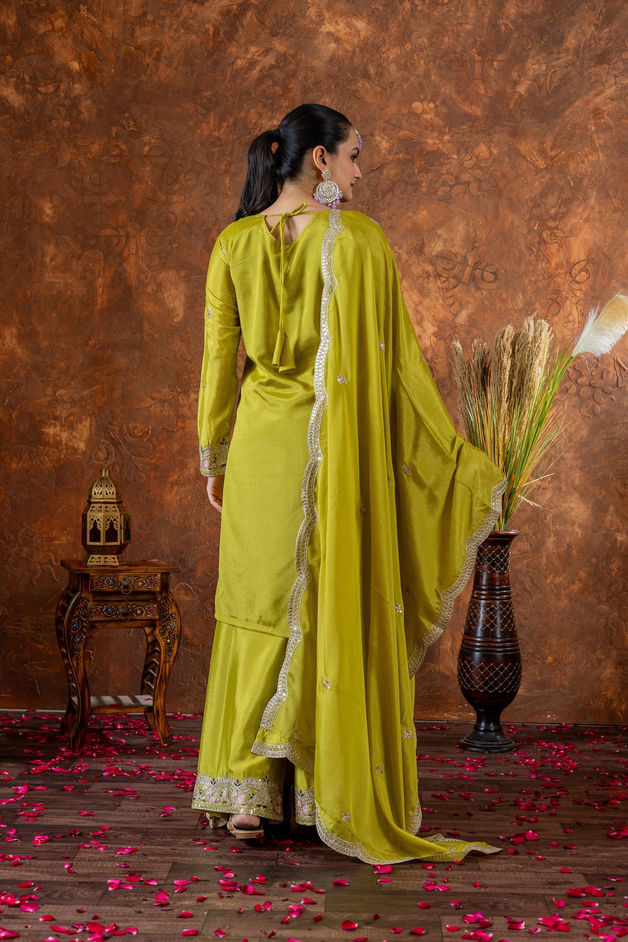 Teeya Creation Olive Color Chinon Silk Heavy Embroidery Work Fully Stitched Salwar Suit