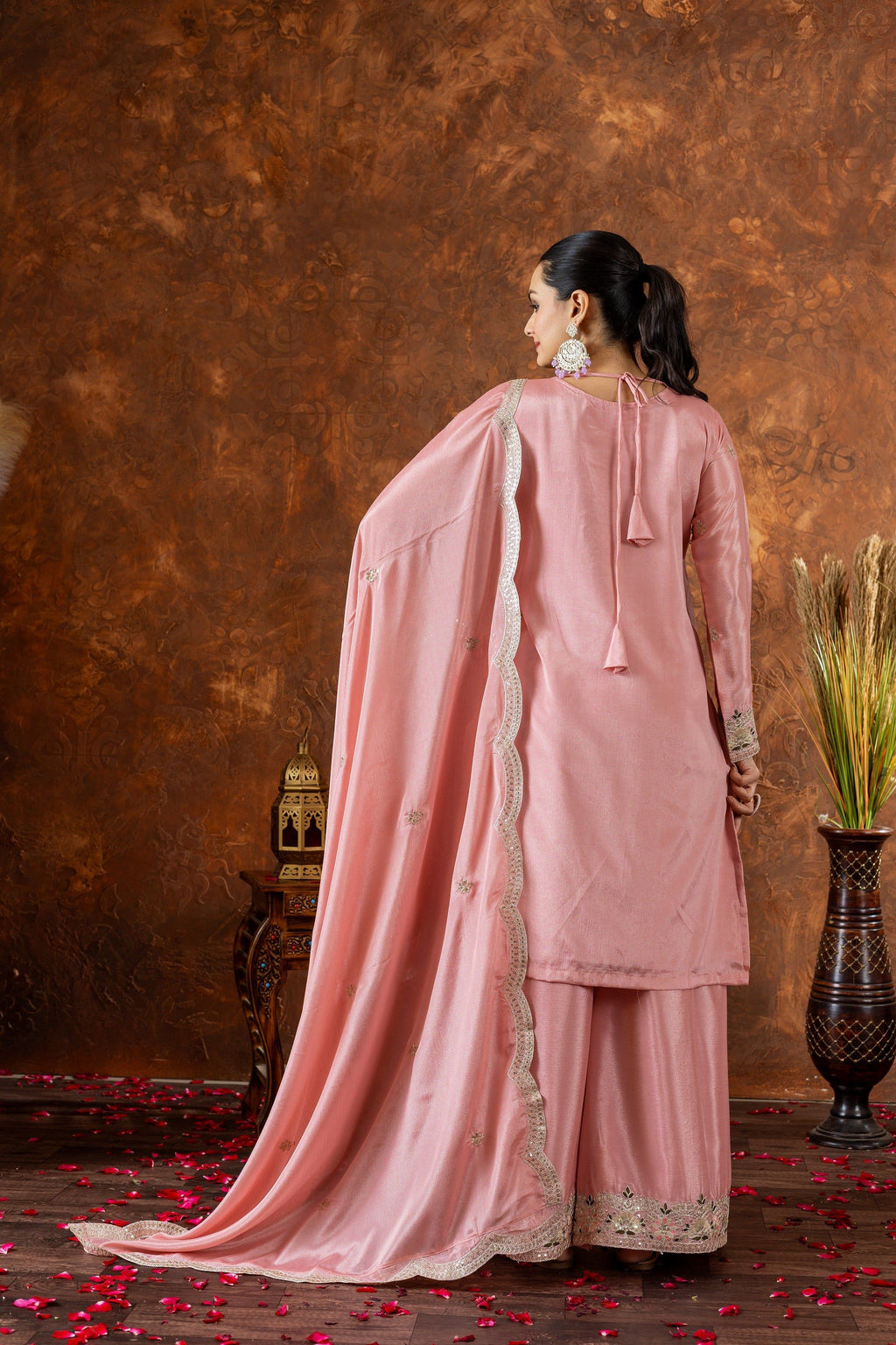 Teeya Creation Peach Color Chinon Silk Heavy Embroidery Work Fully Stitched Salwar Suit
