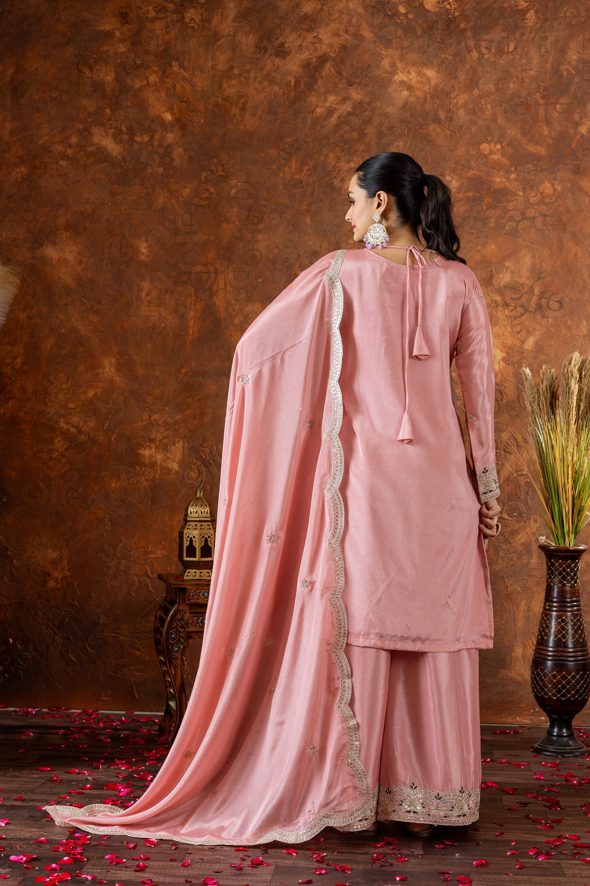 Teeya Creation Peach Color Chinon Silk Heavy Embroidery Work Fully Stitched Salwar Suit