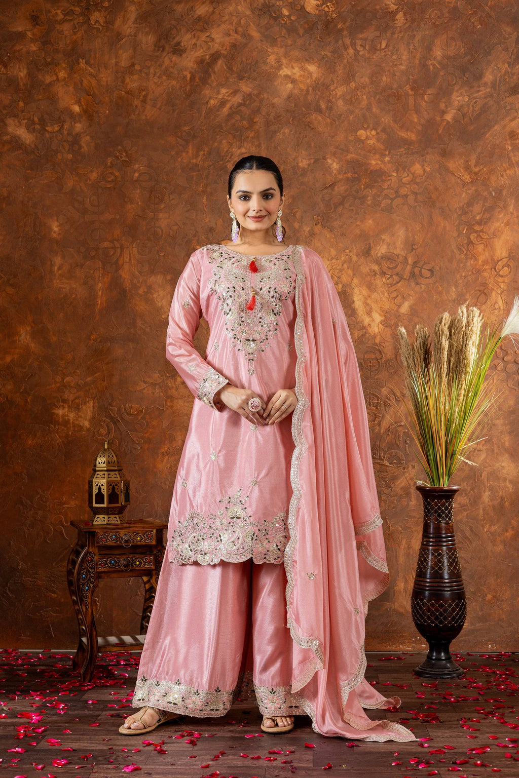 Teeya Creation Peach Color Chinon Silk Heavy Embroidery Work Fully Stitched Salwar Suit