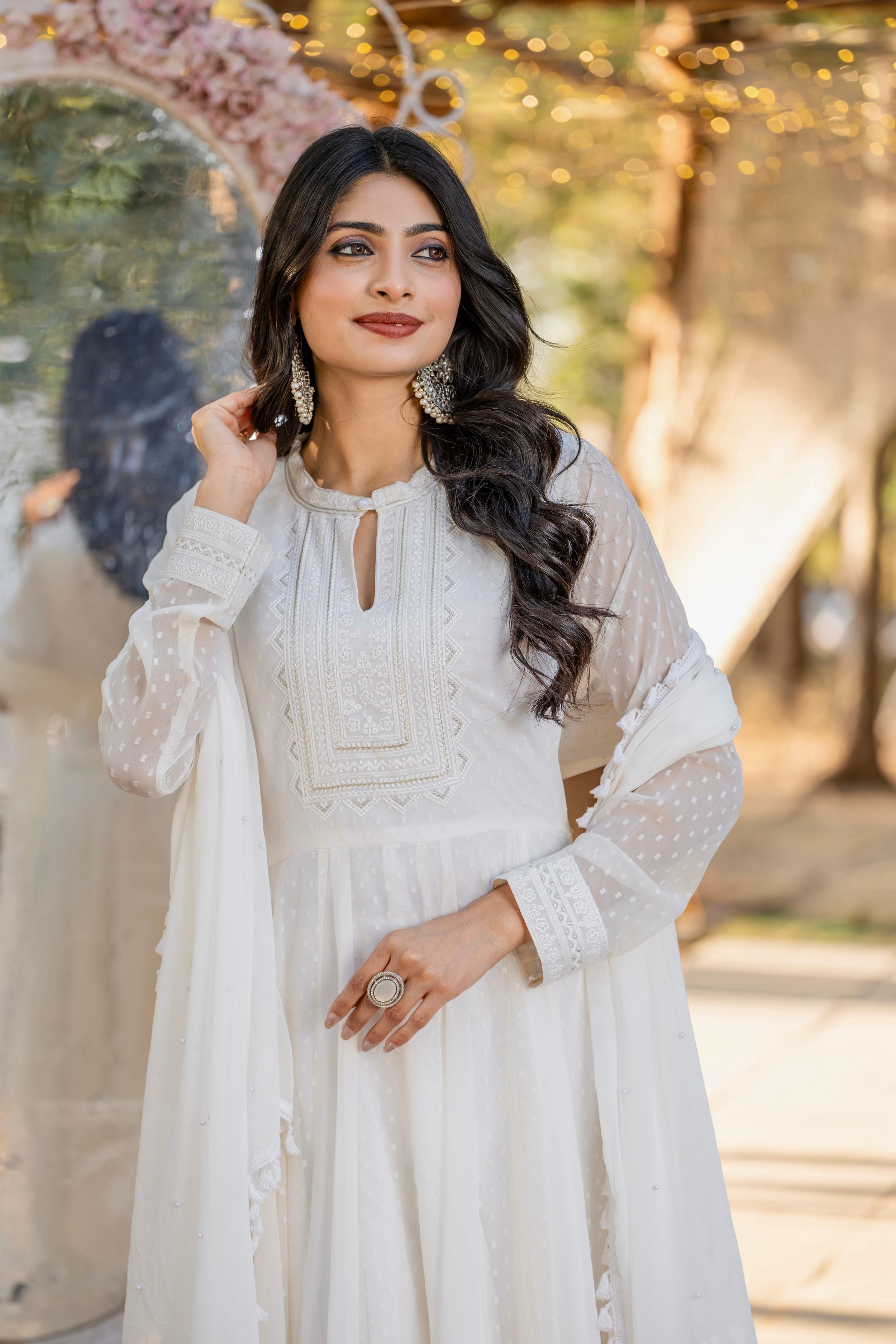 Teeya Creation White Color 1000 Butto Georgette Fabric Heavy embroidery work Fully Stitched Gown