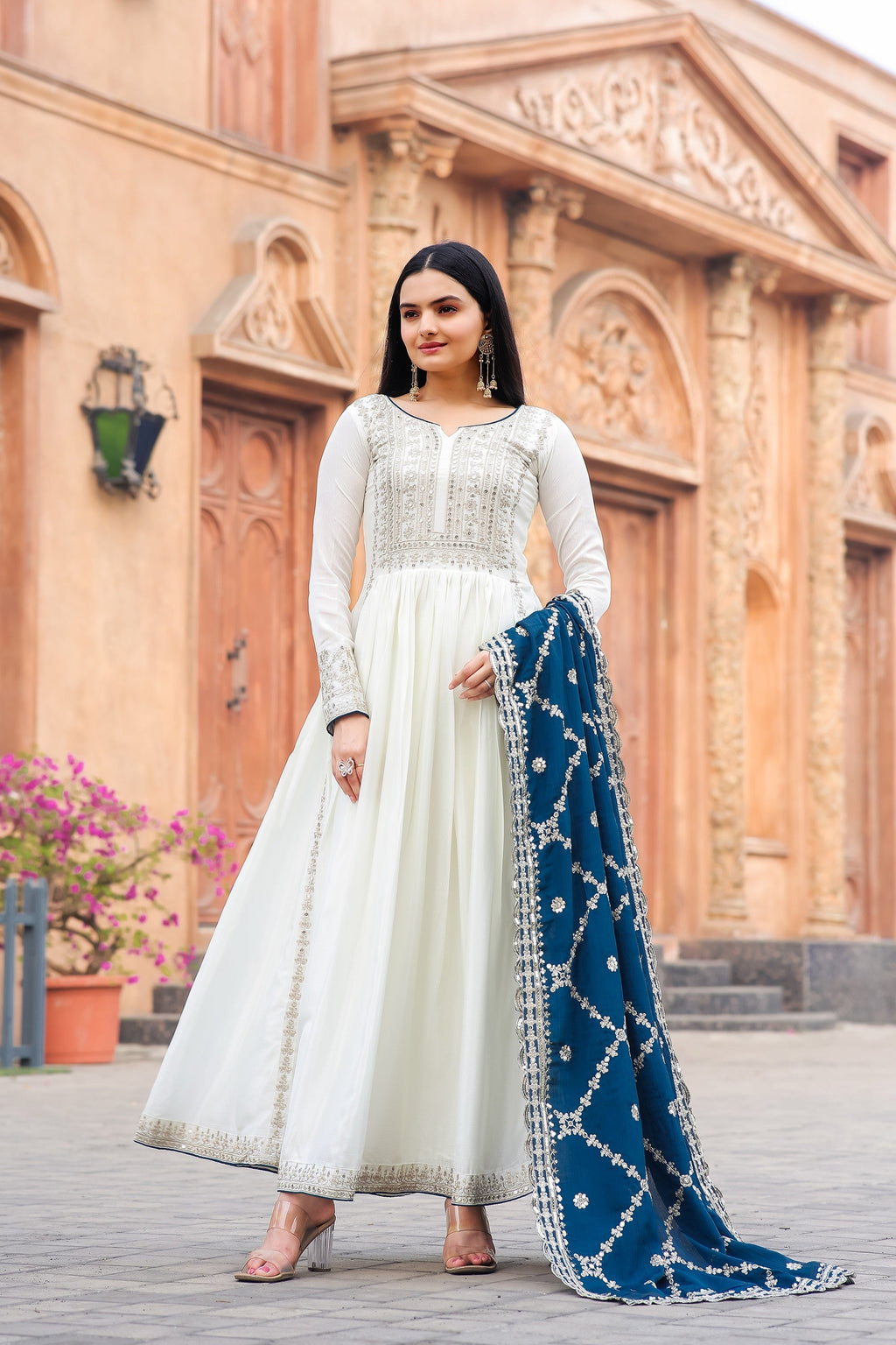 Teeya Creation White Color Chinon Silk Heavy Embroidery Work Fully Stitched Gown