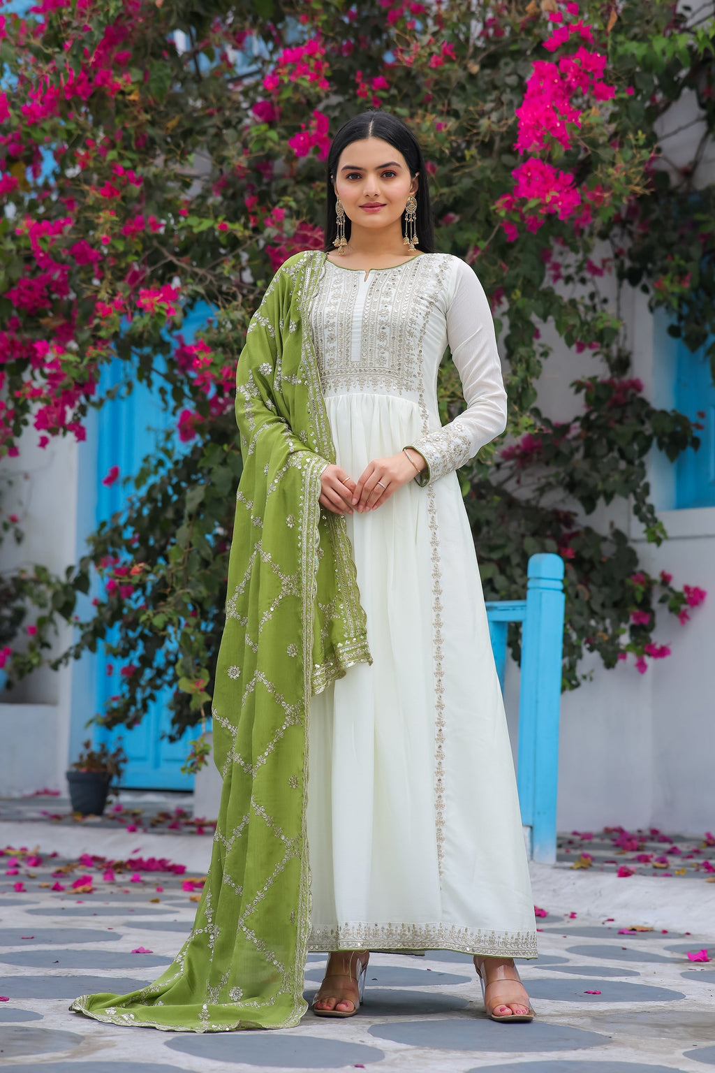 Teeya Creation White Color Chinon Silk Heavy Embroidery Work Fully Stitched Gown