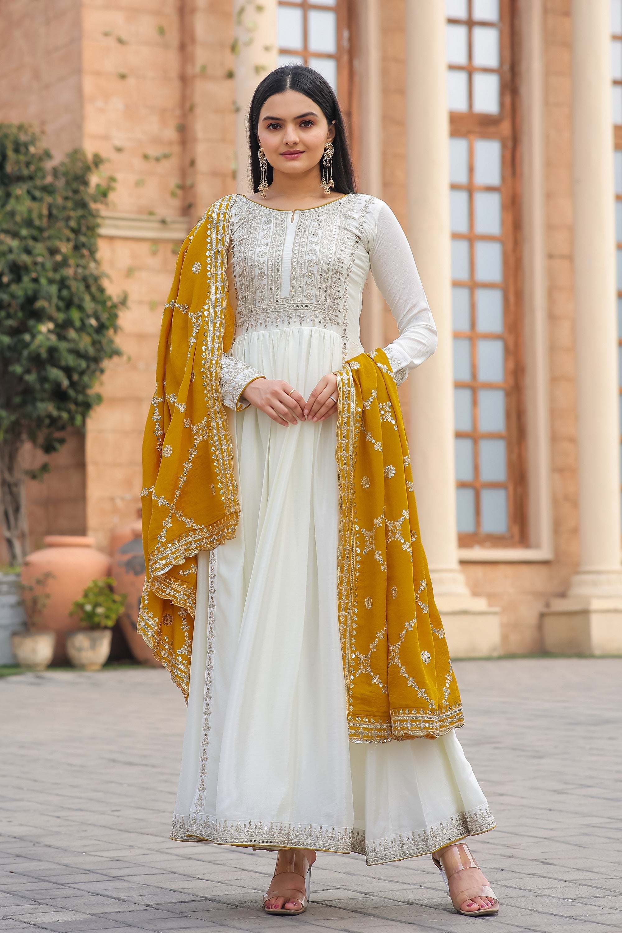 Teeya Creation White Color Chinon Silk Heavy Embroidery Work Fully Stitched Gown