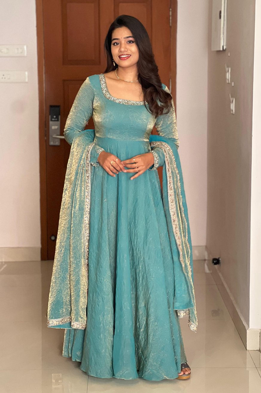 Teeya Creation Turquoise Colour Fendy Silk Two Ton Fully Stitched Gown