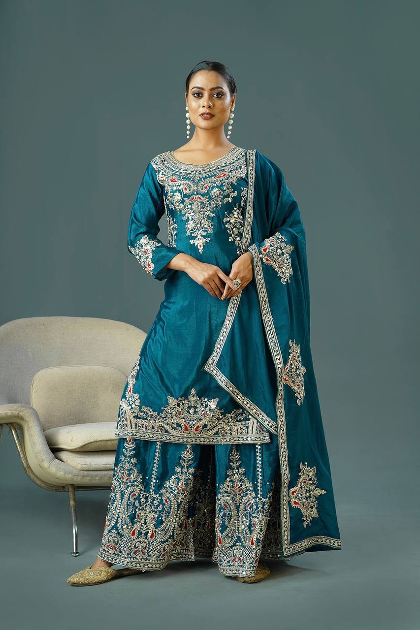 Teeya Creation Teal Colour Chinnon Silk Heavy Embroidery Work Fully Stitched Palazzo Pair