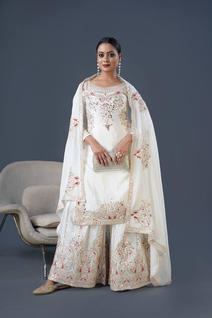 Teeya Creation White Colour Chinnon Silk Heavy Embroidery Work Fully Stitched Palazzo Pair