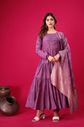 Teeya Creation Purple Colour Heavy Roman Silk Gown With Jacquard Dupatta