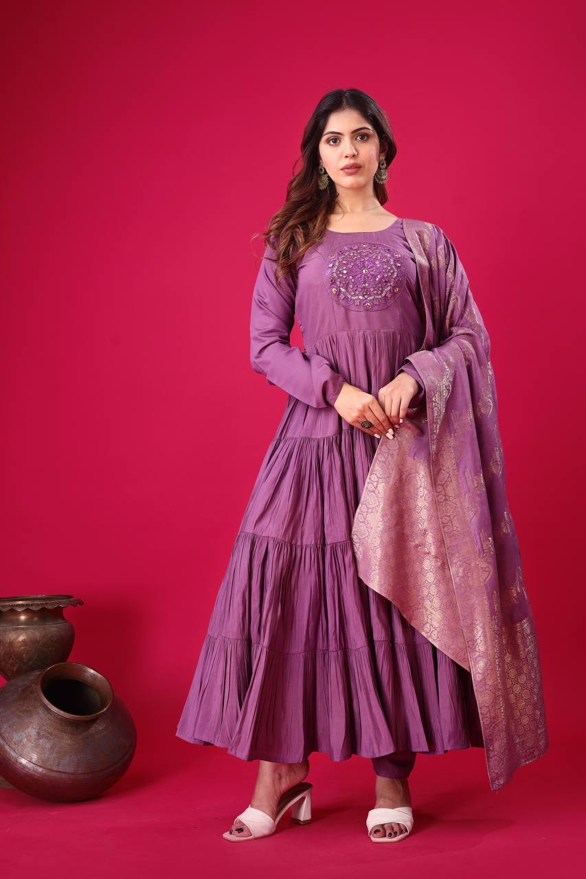 Teeya Creation Purple Colour Heavy Roman Silk Gown With Jacquard Dupatta