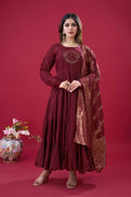 Teeya Creation Maroon Colour Heavy Roman Silk Gown With Jacquard Dupatta