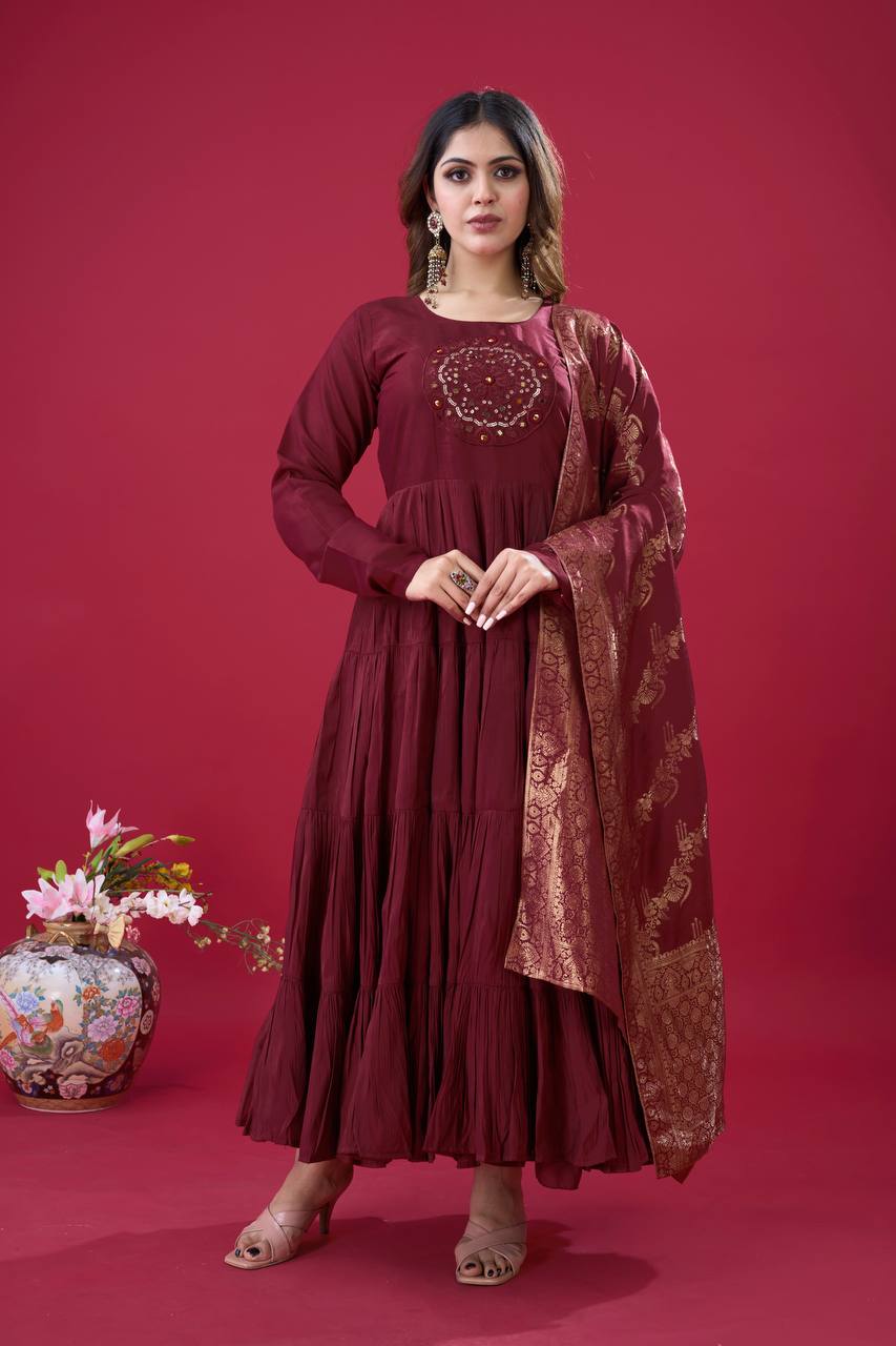 Teeya Creation Maroon Colour Heavy Roman Silk Gown With Jacquard Dupatta