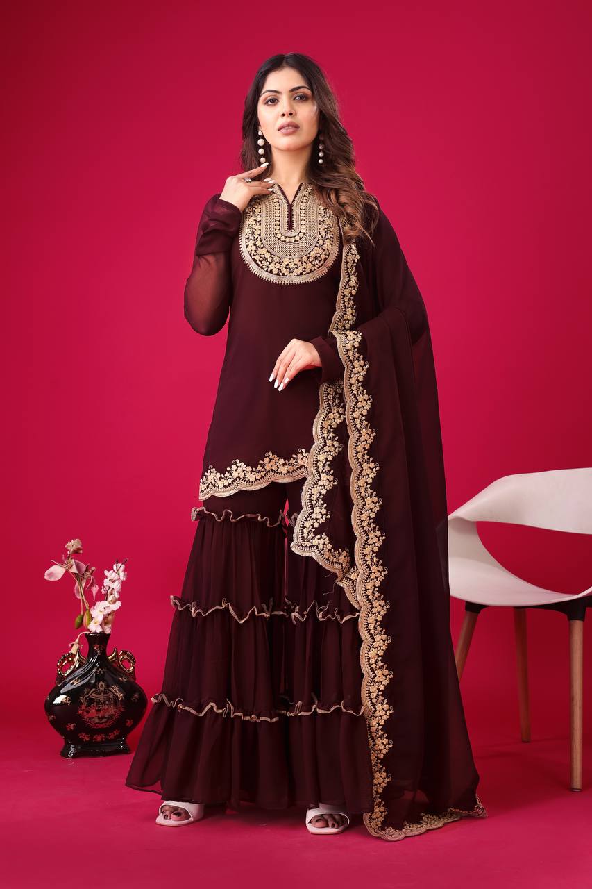 Teeya Creation Maroon Colour Faux Georgette Heavy Embroidery Work Fully Stitched Palazzo pair