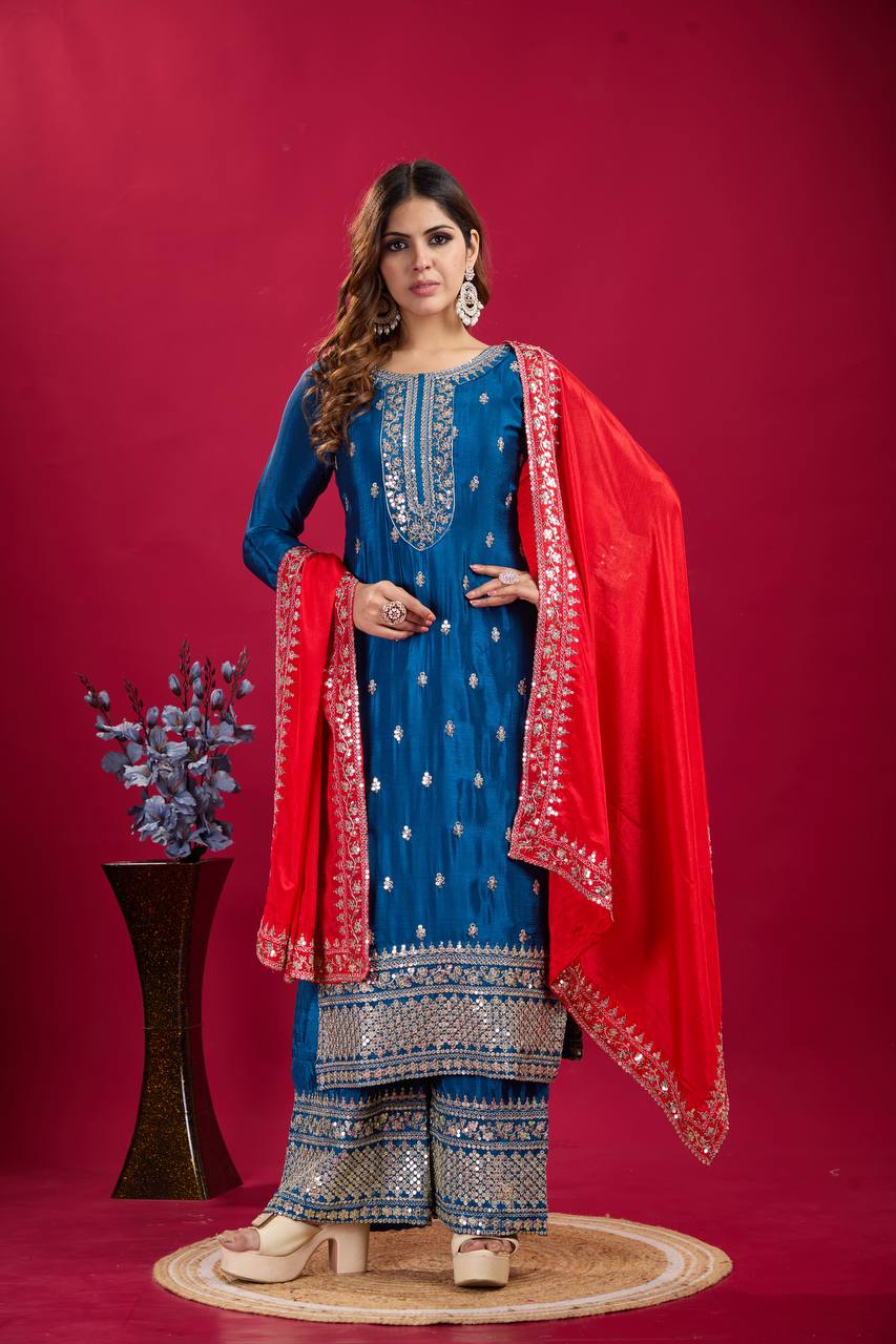 Teeya Creation Blue Colour Chinon Silk Heavy Embroidery Work Fully Stitched Salwar Suit