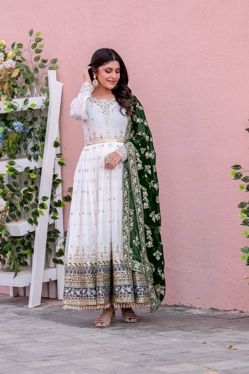 Teeya Creation White Colour Faux Georgette Heavy Embroidery Work Fully Stitched Gown
