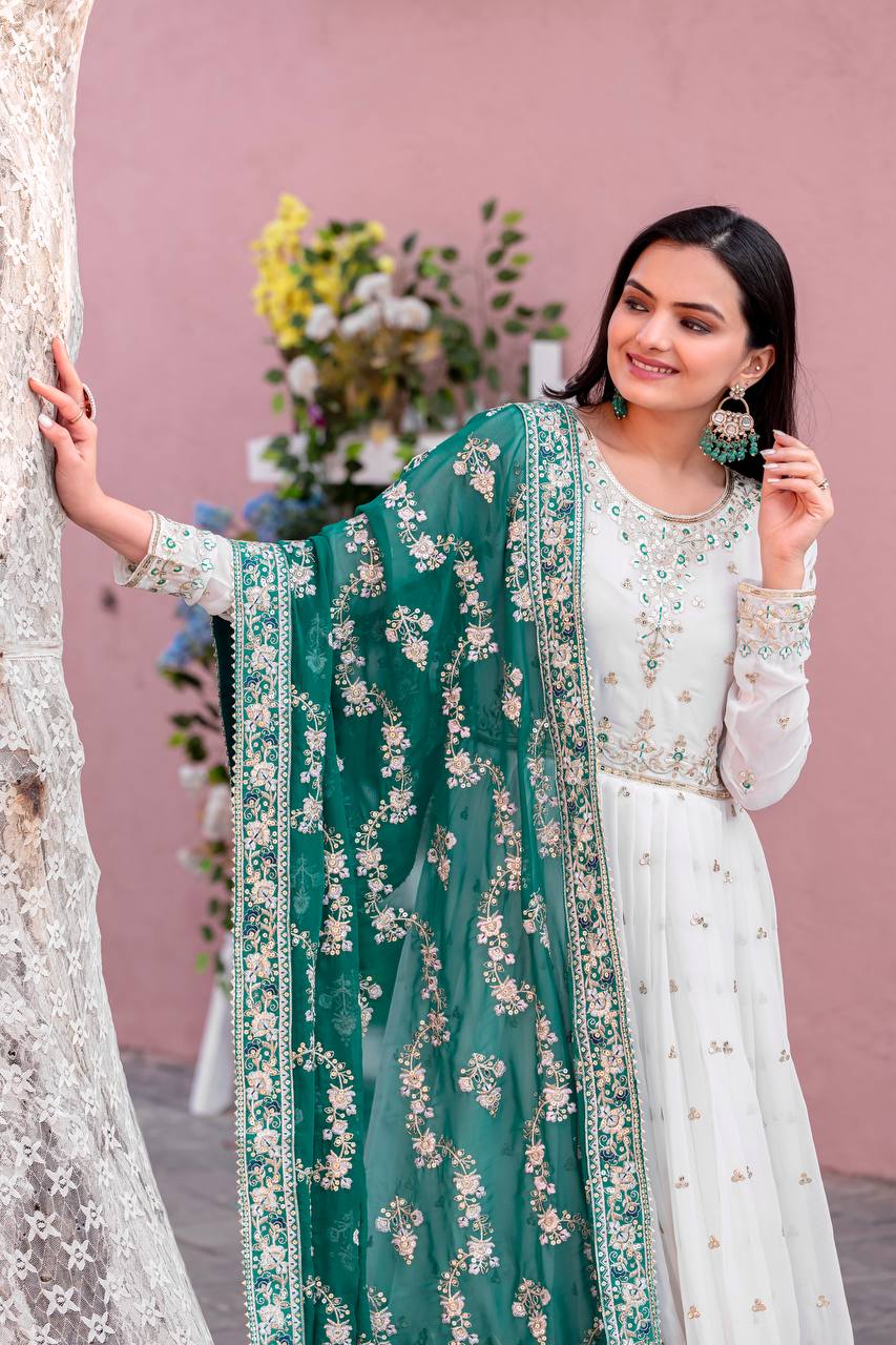 Teeya Creation White Colour Faux Georgette Heavy Embroidery Work Fully Stitched Gown