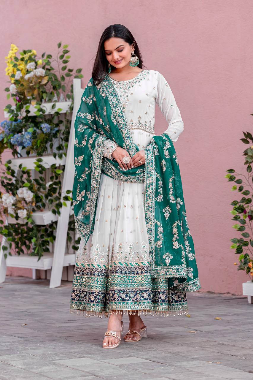 Teeya Creation White Colour Faux Georgette Heavy Embroidery Work Fully Stitched Gown
