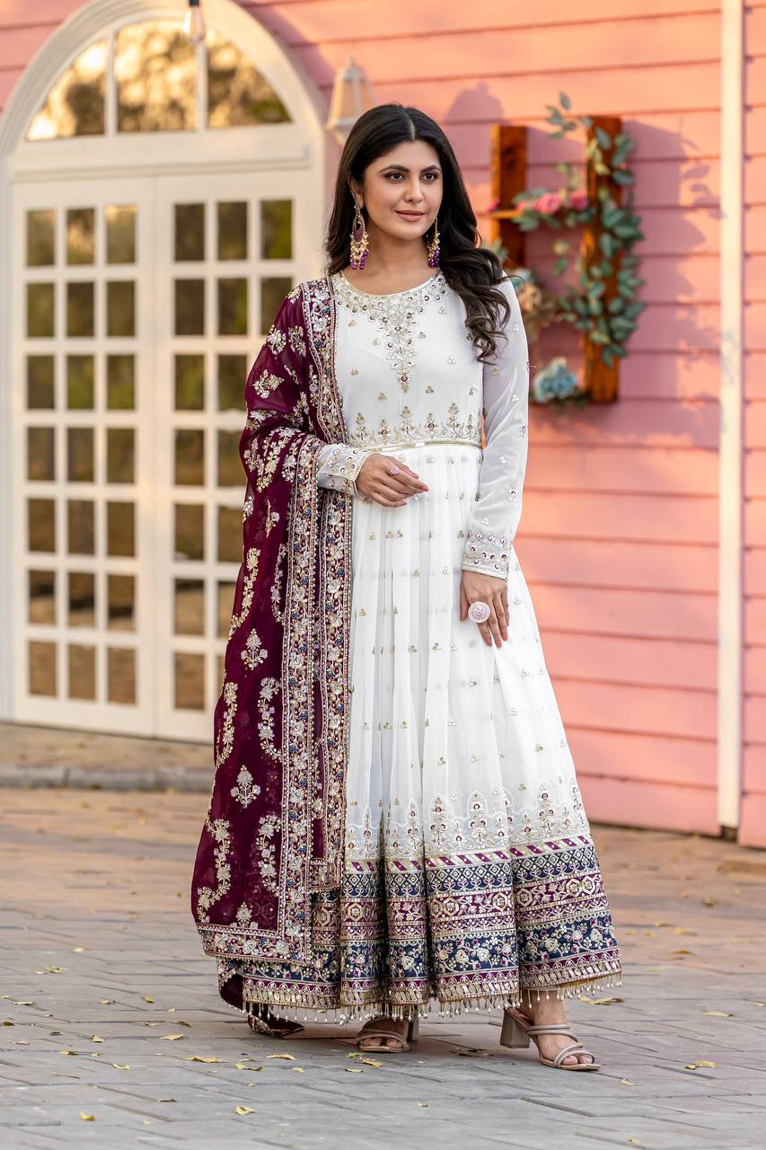 Teeya Creation White Colour Faux Georgette Heavy Embroidery Work Fully Stitched Gown