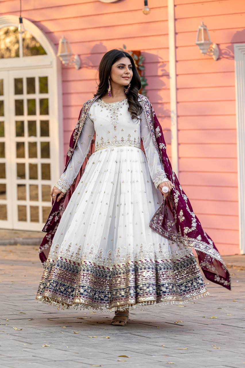 Teeya Creation White Colour Faux Georgette Heavy Embroidery Work Fully Stitched Gown
