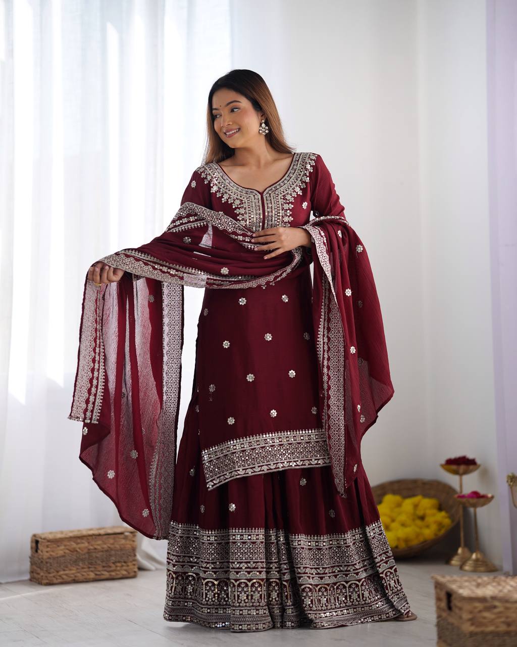 Teeya Creation Maroon Colour Chinon Silk Heavy Embroidery Work Fully Stitched Salwar Suit