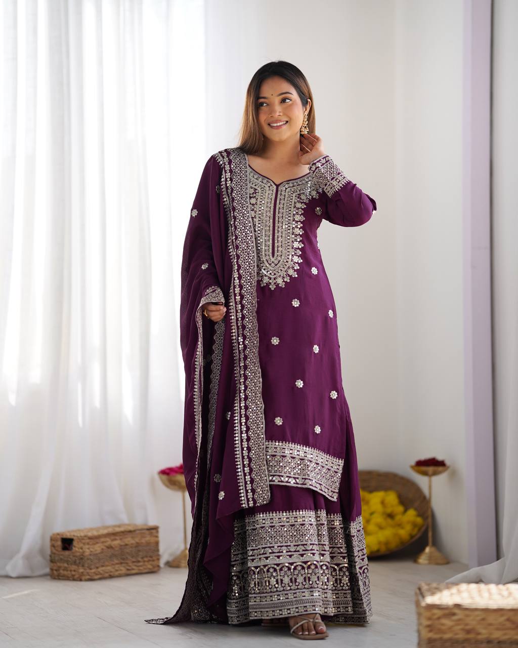 Teeya Creation Wine Colour Chinon Silk Heavy Embroidery Work Fully Stitched Salwar Suit