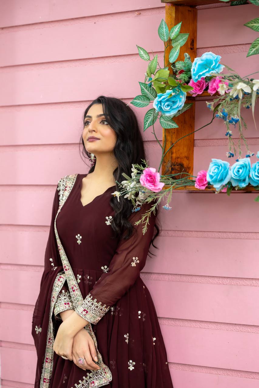 Teeya Creation Maroon Colour Faux Georgette Heavy Embroidery Work Fully Stitched Gown