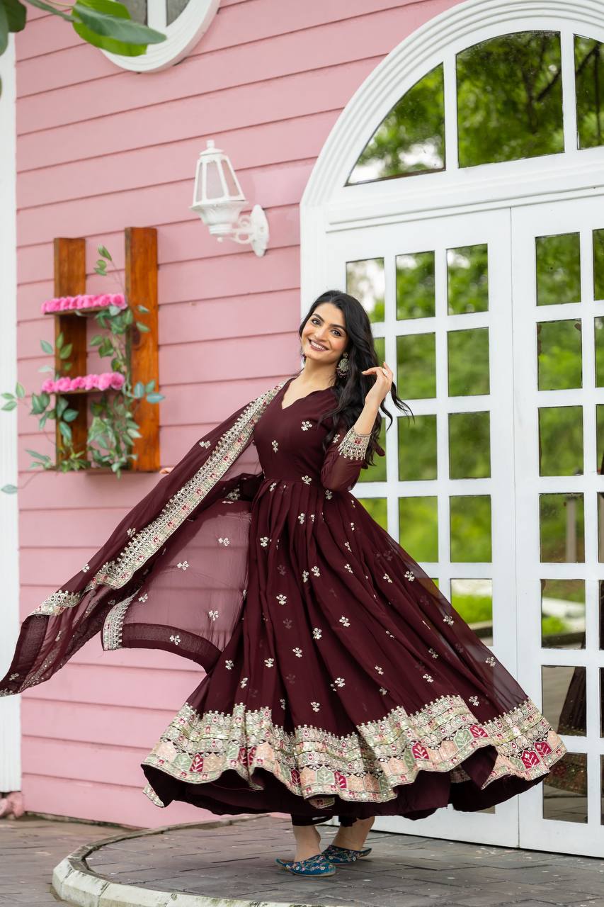 Teeya Creation Maroon Colour Faux Georgette Heavy Embroidery Work Fully Stitched Gown