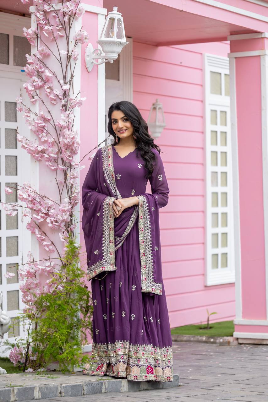 Teeya Creation Purple Colour Faux Georgette Heavy Embroidery Work Fully Stitched Gown