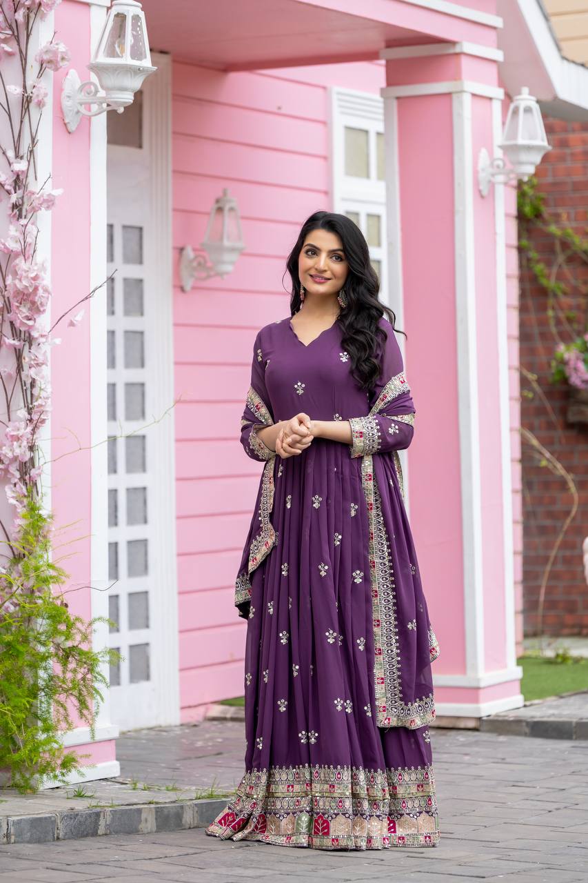 Teeya Creation Purple Colour Faux Georgette Heavy Embroidery Work Fully Stitched Gown