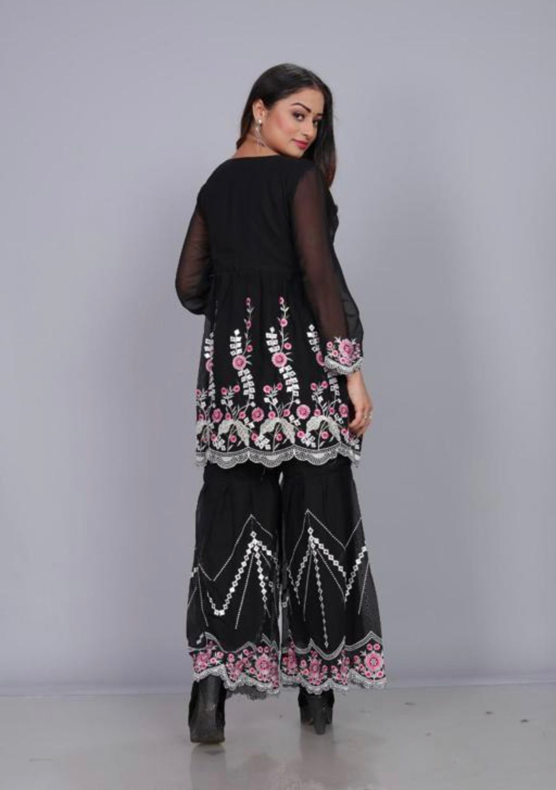 Teeya Creation Black Color Georgette Fabric Heavy Embroidery And Real Mirror Work Fully Stitched Salwar Suit