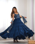 Teeya Creation Blue Color Faux Georgette Heavy Work 12 Meter Flared Fully Stitched Gown