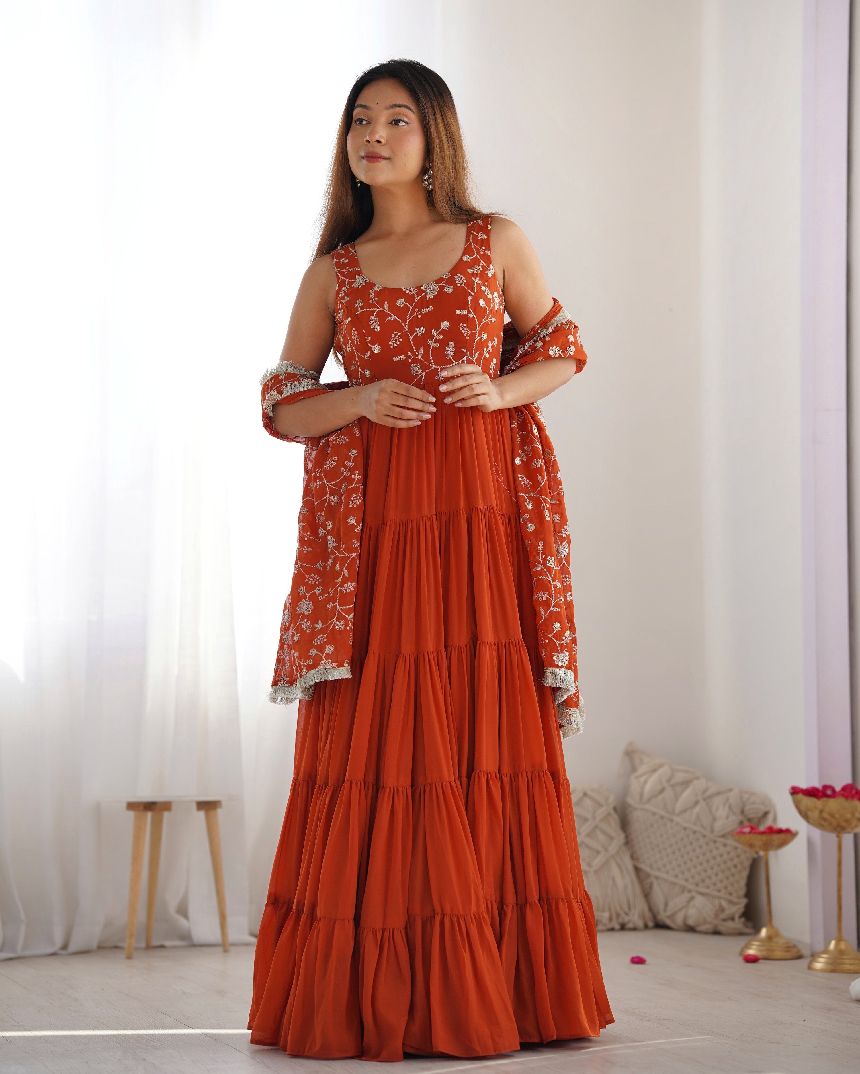 Teeya Creation Orange Color Faux Georgette Heavy Work 12 Meter Flared Fully Stitched Gown